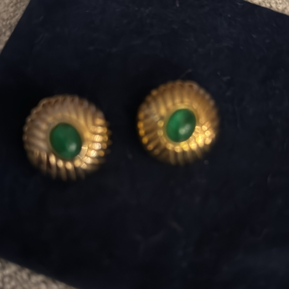 Vintage Gold Clip Earrings with Green Center